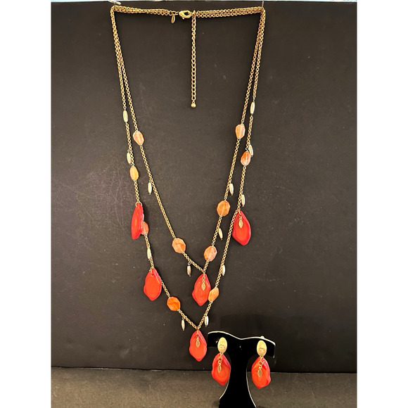 Vtg SIGNED CHICO'S Fall Orange Glass Long Multi-strand Necklace & Earrings SET - Picture 1 of 4